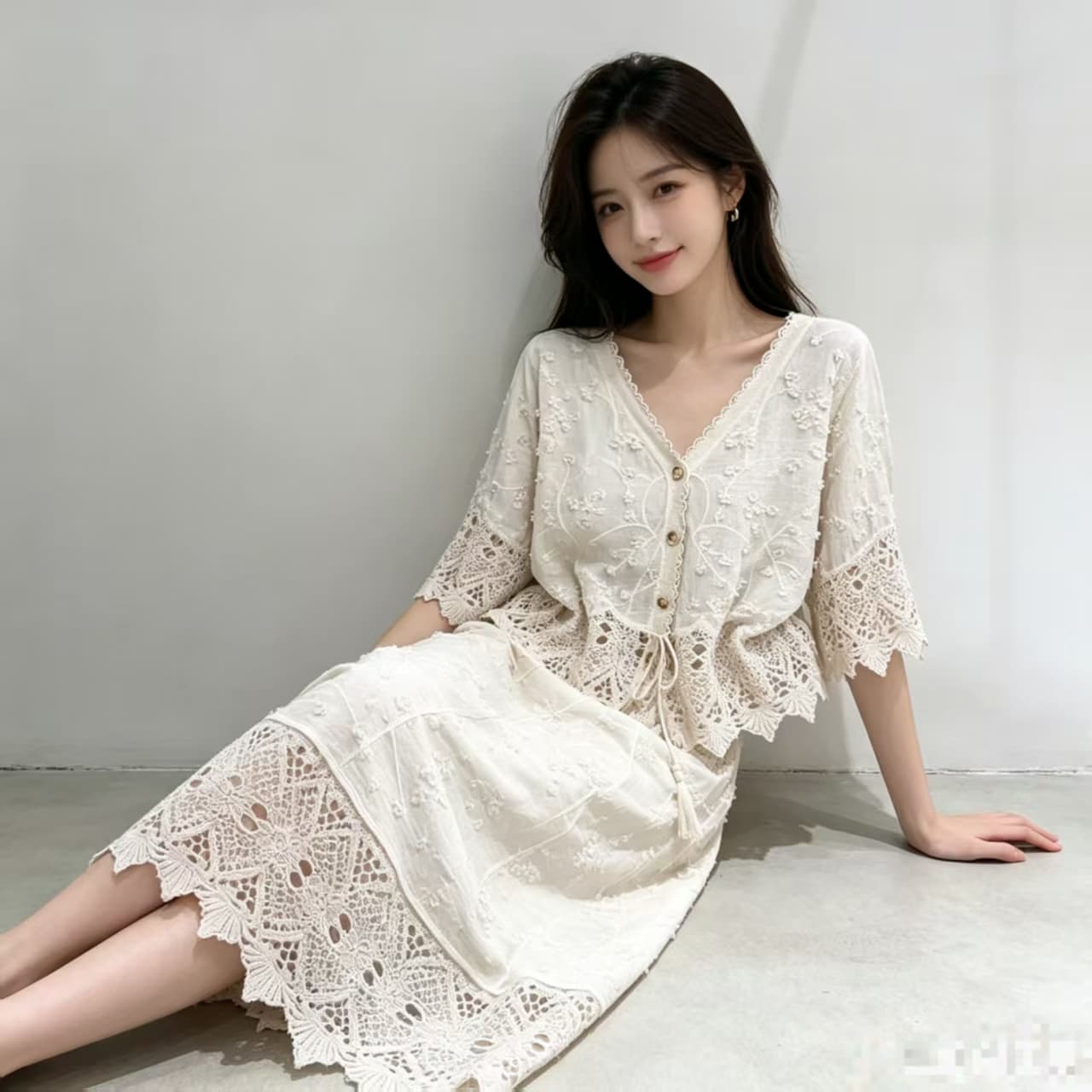 패션 레트로 홀로우 아웃 빛 럭셔리 외국 가스 배트윙 소매 루즈핏 슬림해 보이는 레이스 자수 투피스 세트 이미지 4