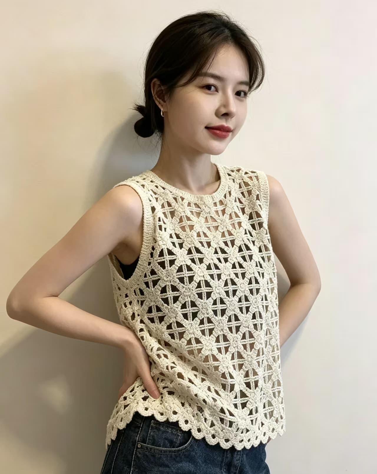 레이스 바람 홀로우 아웃 자수 니트 베스트 조끼 여성 2026 봄 새로운 다용도 몸매 가꾸기 스택 착용 맨위 상세 이미지 1