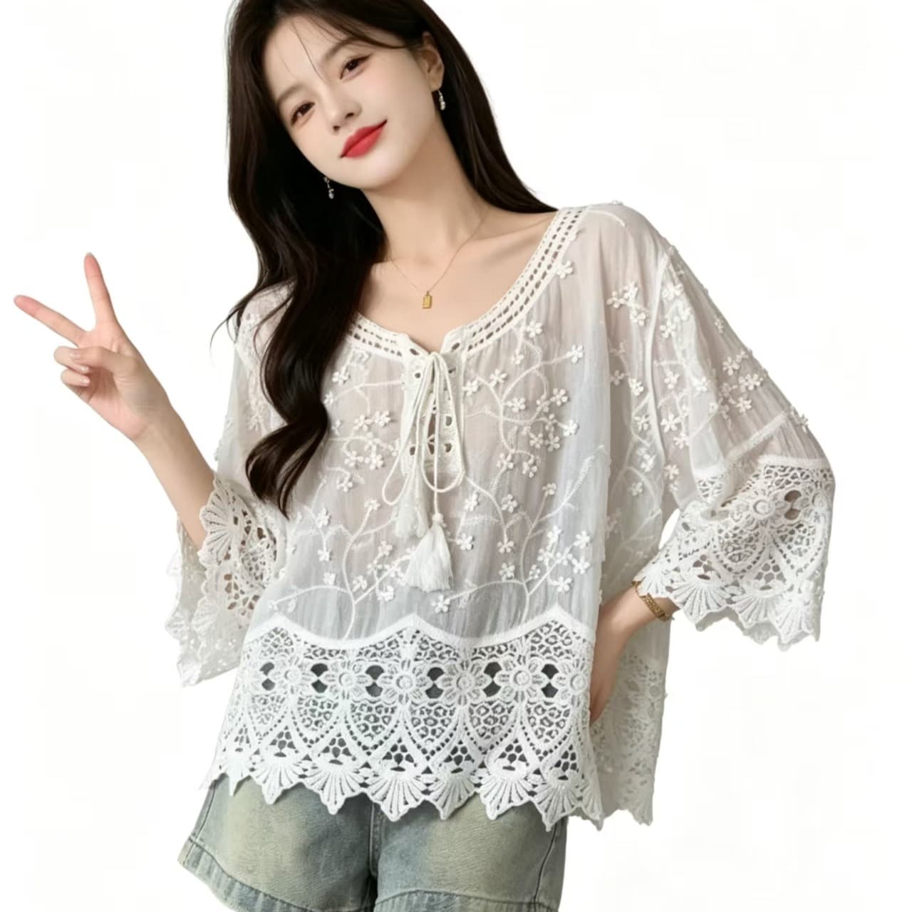 빅 사이즈 프랑스식 홀로우 아웃 자수 V 넥 셔츠 레이스 자외선 차단 블라우스 여름 루즈핏 얇은 스타일 중간 소매 맨위 이미지 5