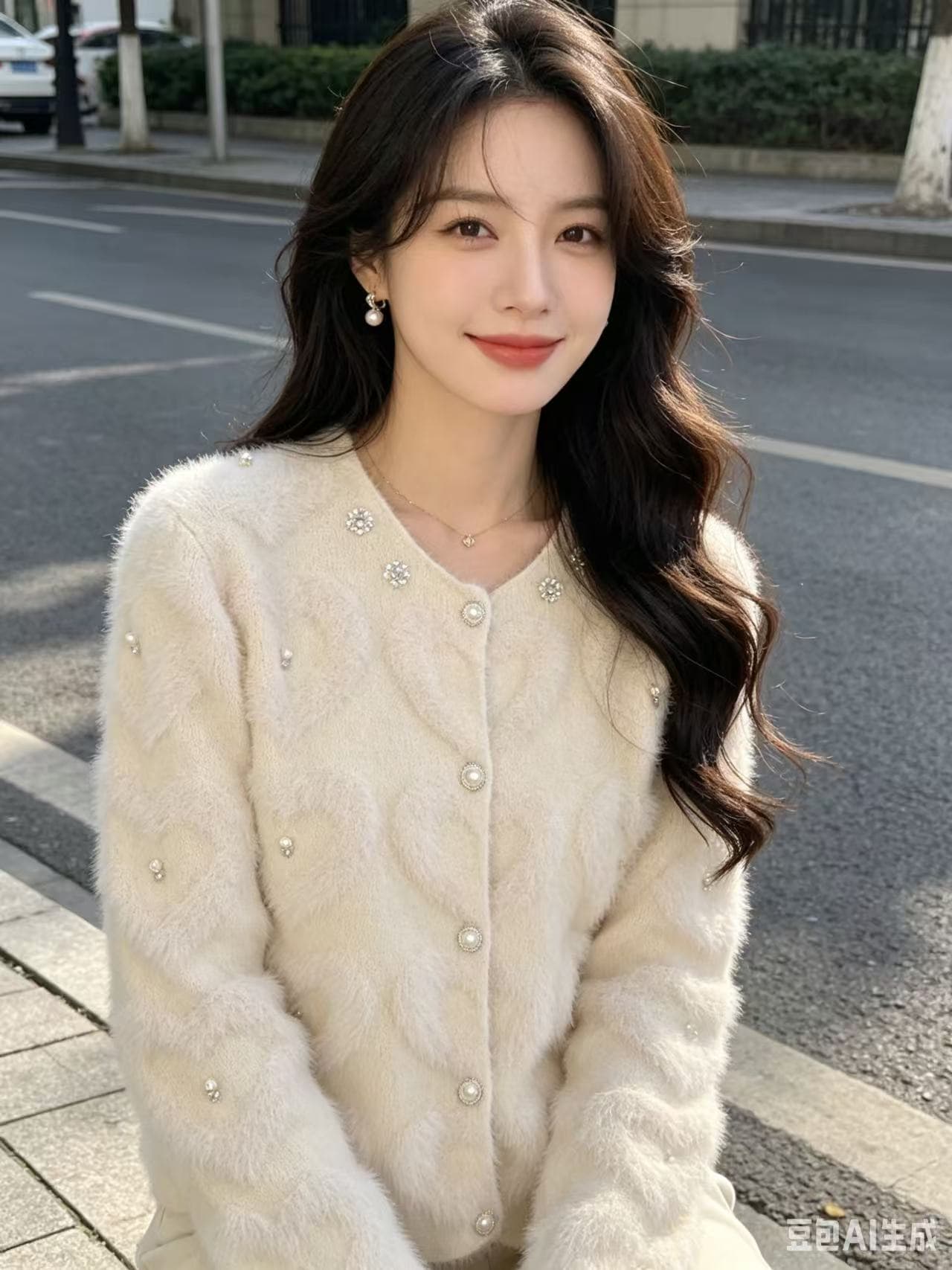 2026 겨울 새로운 천 금빛 바람 화이트 비즈 박기 플리스 오픈 가디건 여성 무거운 작업 다이아몬드 세팅 라운드 넥 니트 스웨터 고급 센스 이미지 3