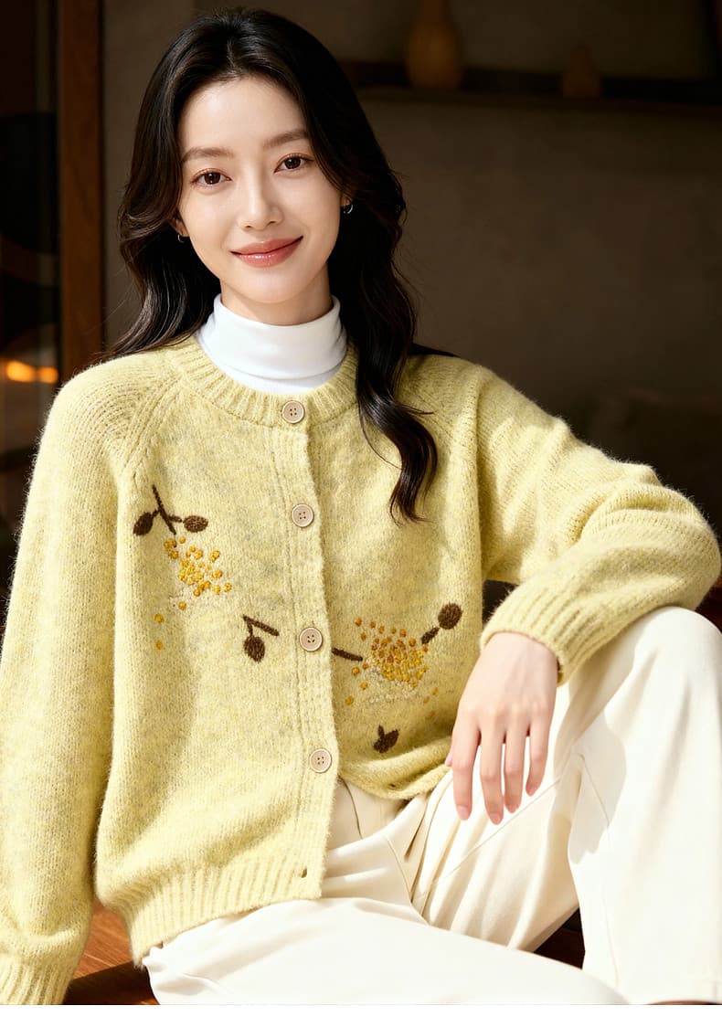 자수 싱글 줄 버튼 스웨터 오픈 가디건 여성 가을 새로운 다용도 라운드 넥 맨위 상세 이미지 3