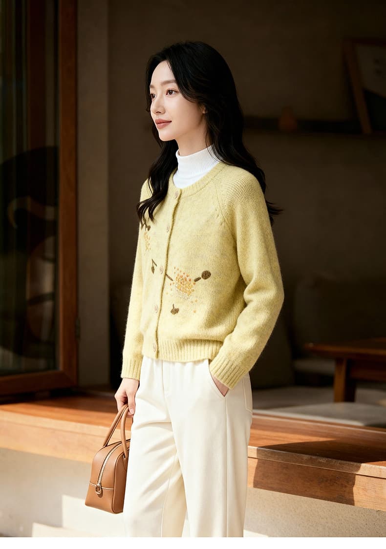 자수 싱글 줄 버튼 스웨터 오픈 가디건 여성 가을 새로운 다용도 라운드 넥 맨위 상세 이미지 5