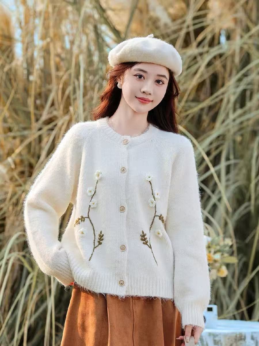 꽃 자수 라운드 넥 긍정적 인 어깨 긴팔 니트 오픈 가디건 여성 2026 가을 새로운 루즈핏 슬림해 보이는 스웨터 코트 이미지 3