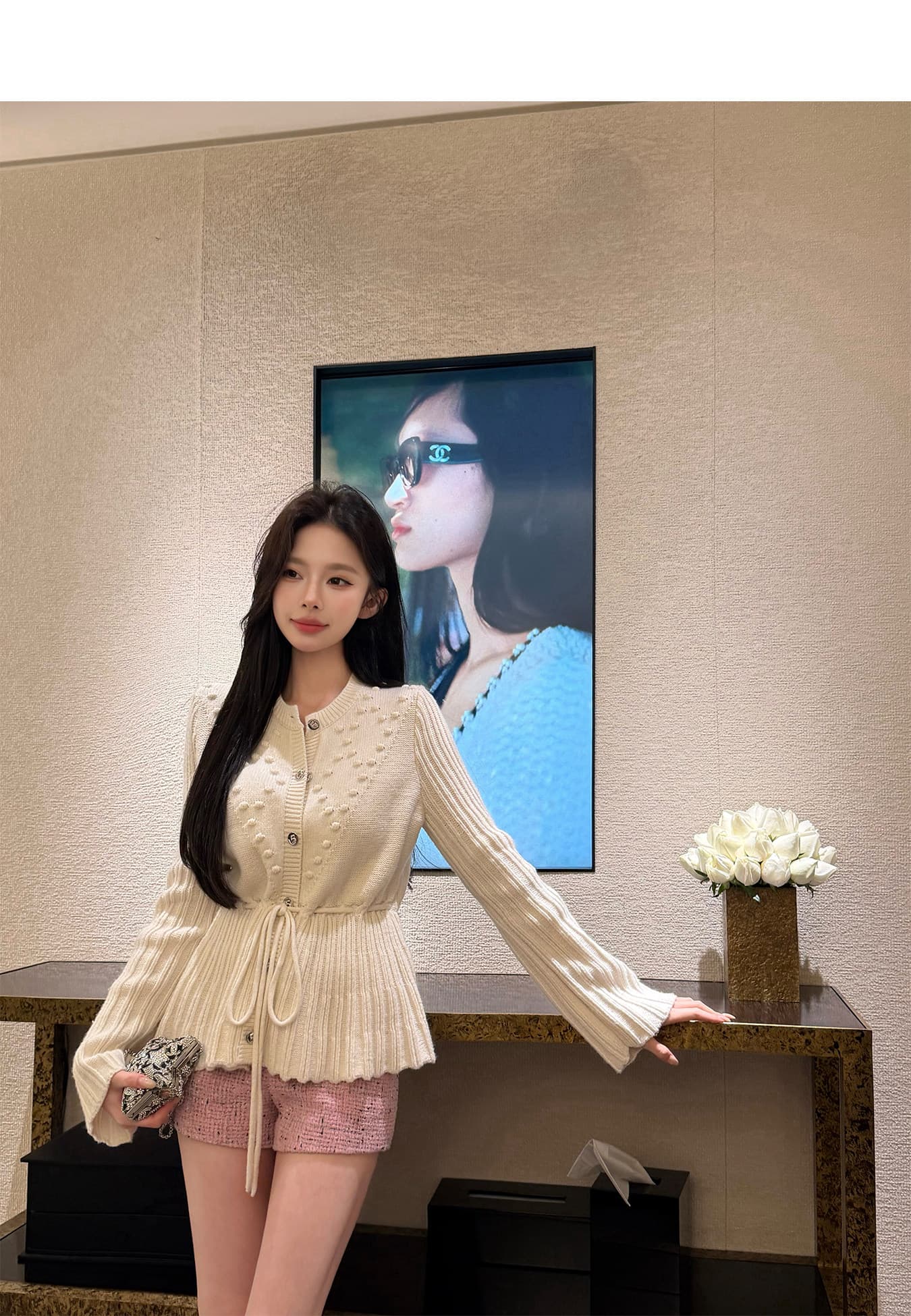엠보싱 작은 예쁜 허리 2026 가을 겨울 새로운 양 플러시 범프 무늬 펌프 로프 나팔 소매 니트 오픈 가디건