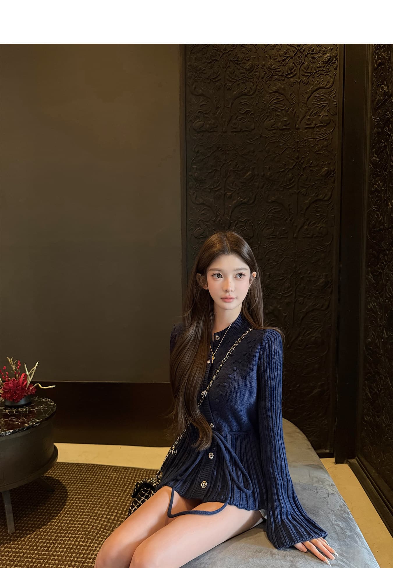 엠보싱 작은 예쁜 허리 2026 가을 겨울 새로운 양 플러시 범프 무늬 펌프 로프 나팔 소매 니트 오픈 가디건 상세 이미지 14