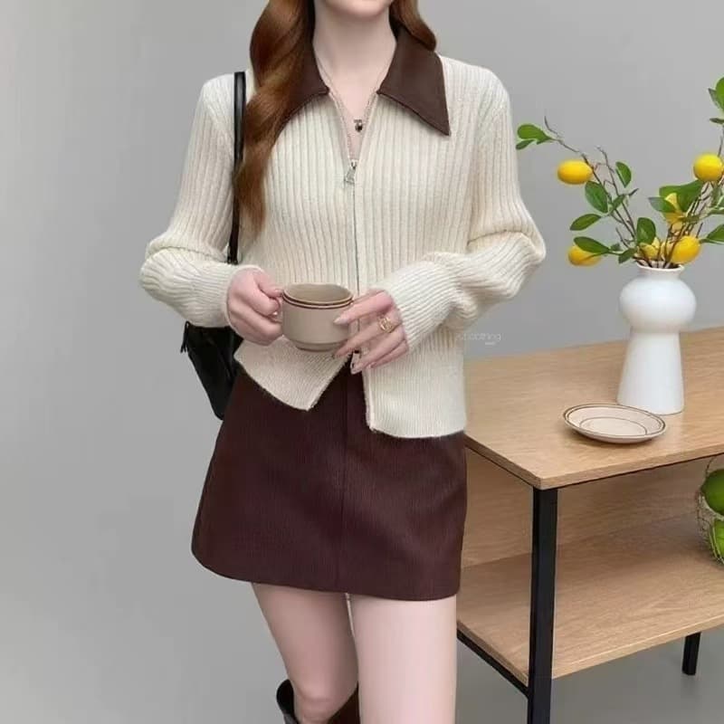 가을 겨울 새로운 작은 샤넬 스타일 가죽 고리 더블 지퍼 니트 스웨터 카디건 코트 맨위 여성 이미지 4