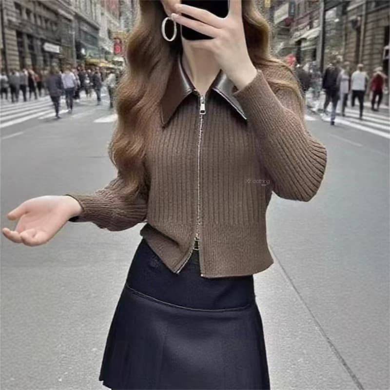 가을 겨울 새로운 작은 샤넬 스타일 가죽 고리 더블 지퍼 니트 스웨터 카디건 코트 맨위 여성 상세 이미지 4