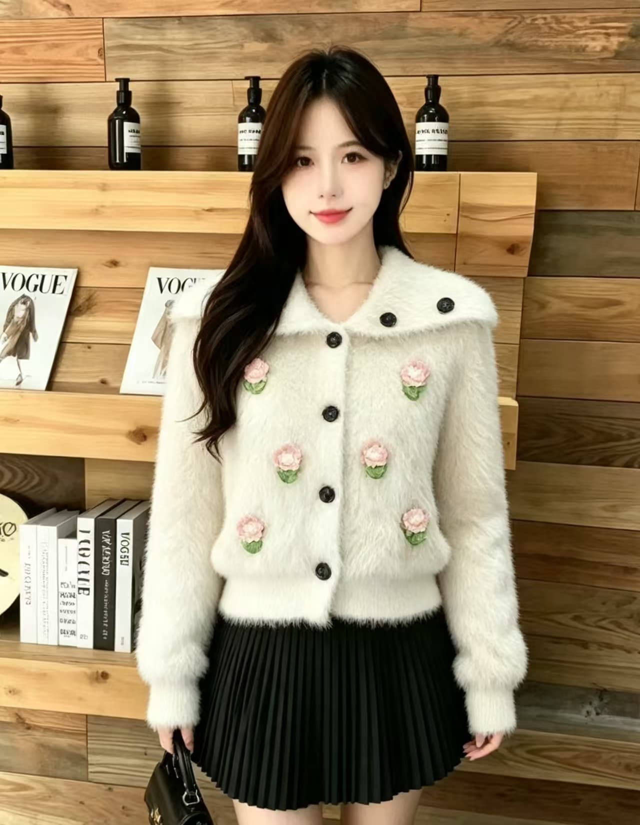 두꺼운 한 부서 빅 칼라 모방 수달 스웨터 여자 화이트 단추 부서 느긋한 분위기 센스 니트 스웨터