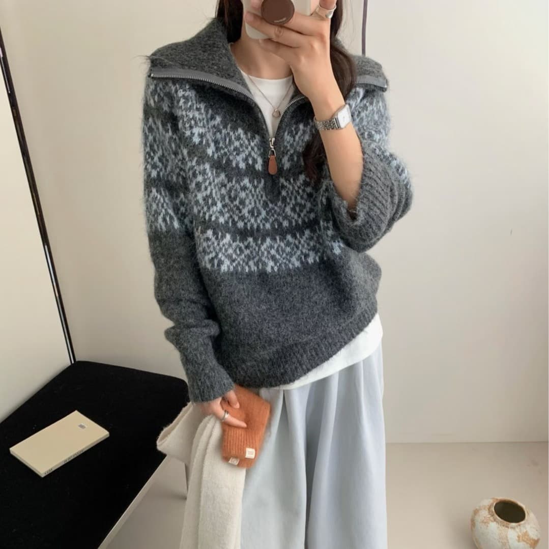 공정한 섬 색상 시스템 부드러운 찹쌀 편안함 자카드 반 개방 칼라 스웨터 여자 가을 겨울철 한 새로운 품격 터틀넥 니트 스웨터 이미지 3