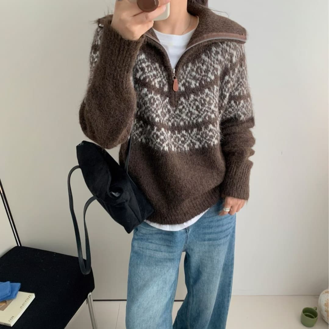 공정한 섬 색상 시스템 부드러운 찹쌀 편안함 자카드 반 개방 칼라 스웨터 여자 가을 겨울철 한 새로운 품격 터틀넥 니트 스웨터 이미지 2
