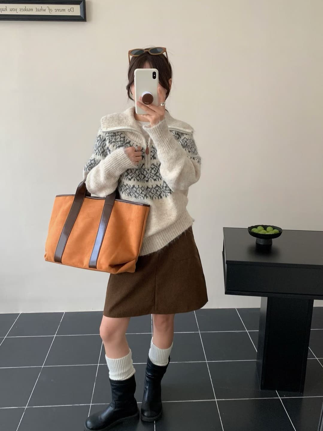 공정한 섬 색상 시스템 부드러운 찹쌀 편안함 자카드 반 개방 칼라 스웨터 여자 가을 겨울철 한 새로운 품격 터틀넥 니트 스웨터 상세 이미지 4