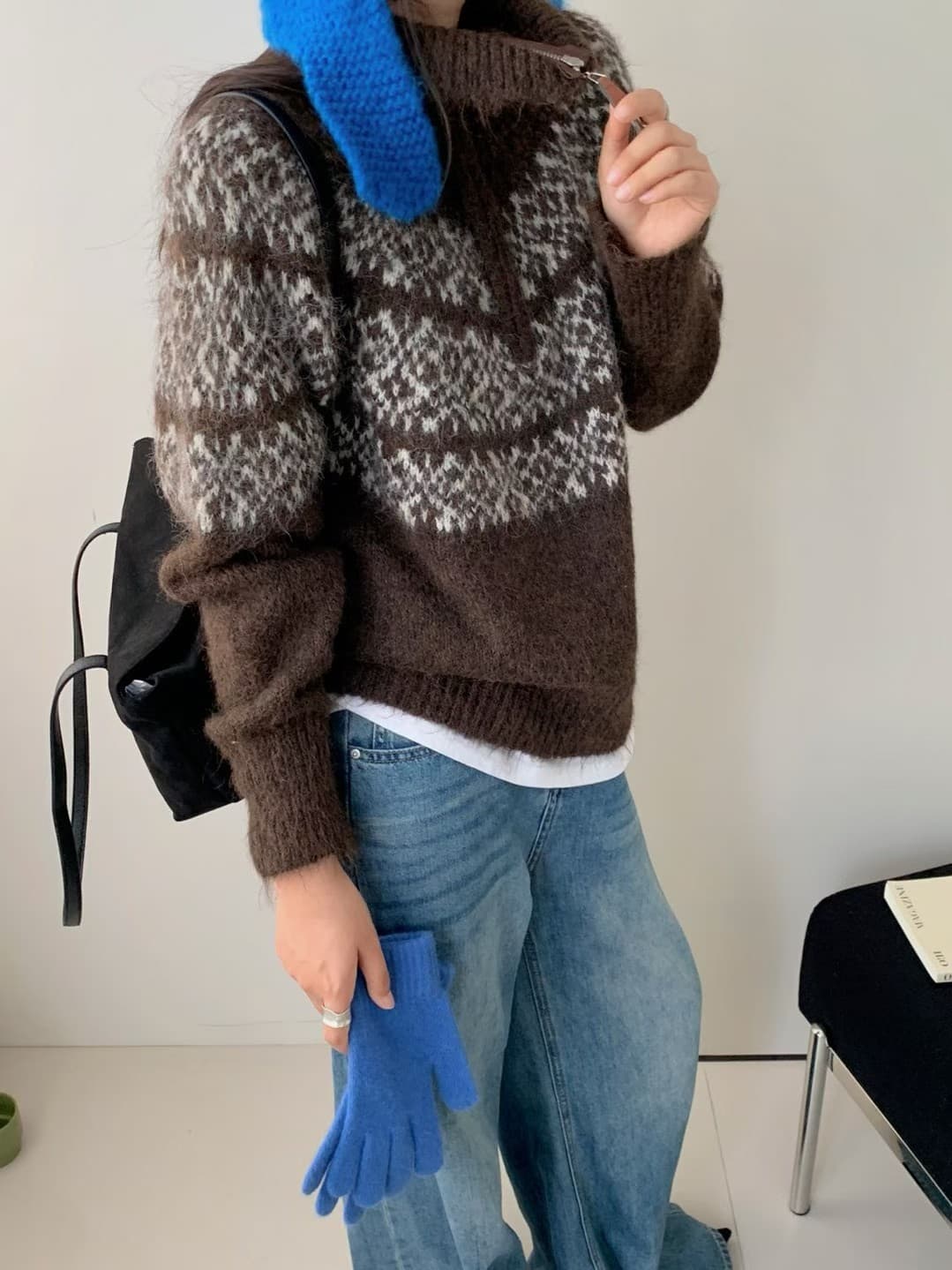 공정한 섬 색상 시스템 부드러운 찹쌀 편안함 자카드 반 개방 칼라 스웨터 여자 가을 겨울철 한 새로운 품격 터틀넥 니트 스웨터 상세 이미지 5