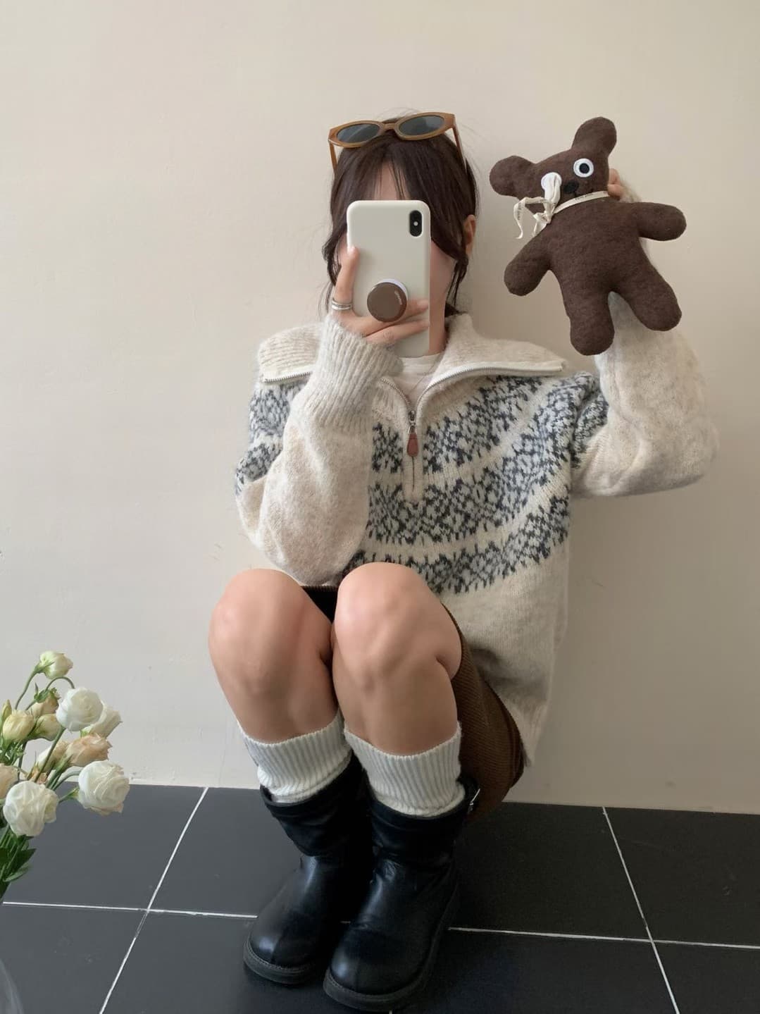 공정한 섬 색상 시스템 부드러운 찹쌀 편안함 자카드 반 개방 칼라 스웨터 여자 가을 겨울철 한 새로운 품격 터틀넥 니트 스웨터 상세 이미지 9