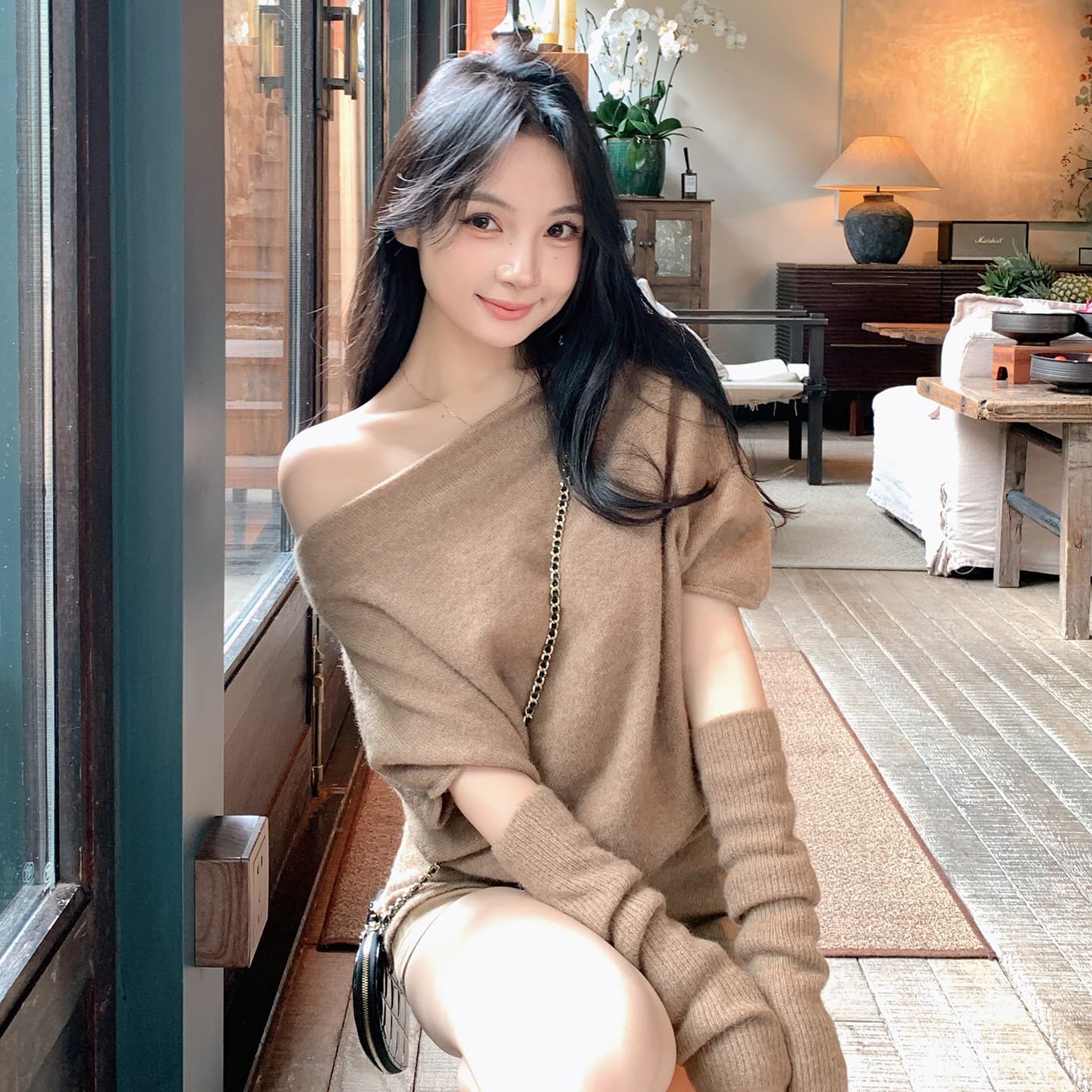 마 하이 양모 혼합 오프숄더 소매 커버 스웨터 여자 가을 겨울 느긋한 고급 센스 비스듬한 어깨 의류 인사이드 가져 가라. 이미지 4