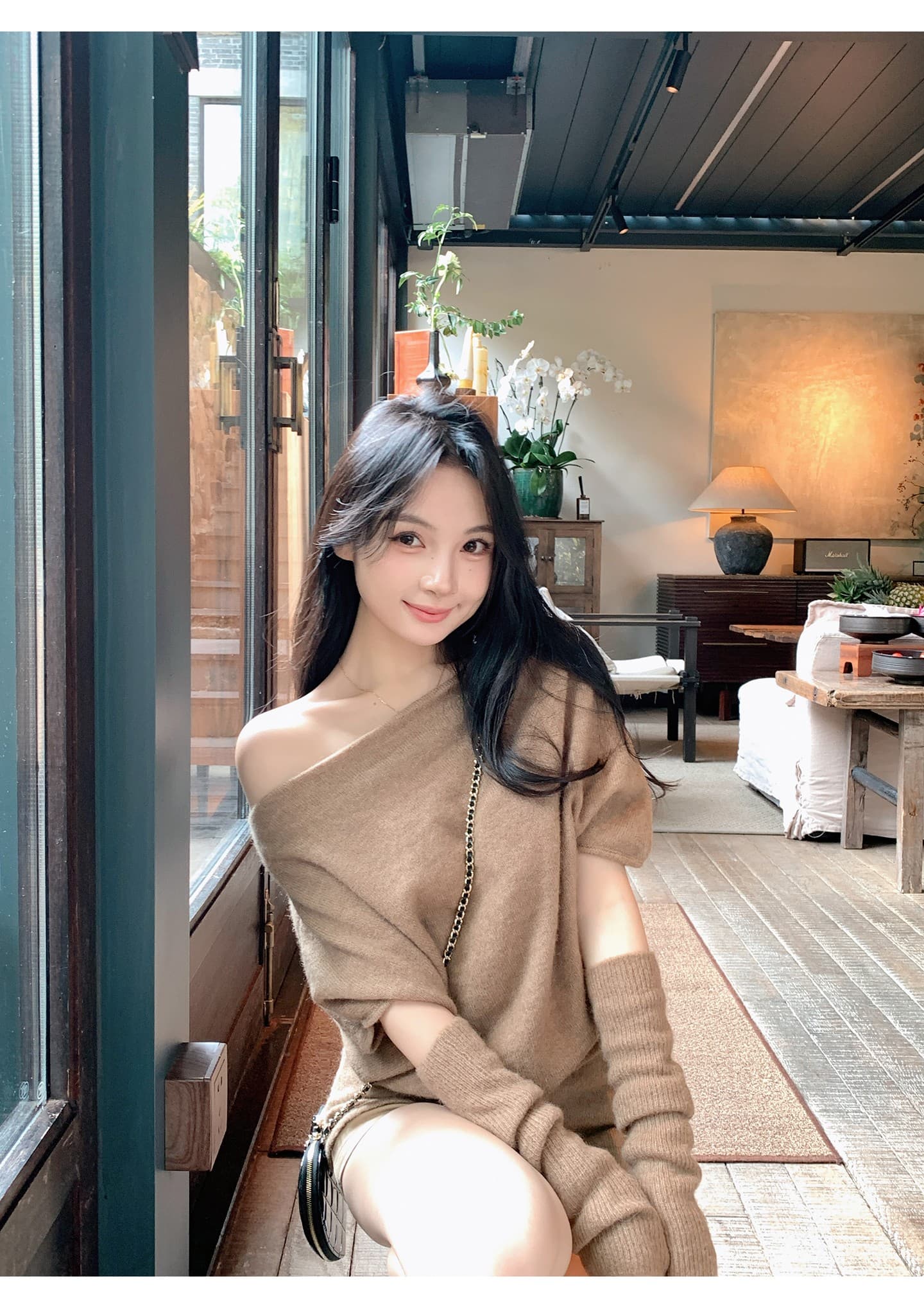 마 하이 양모 혼합 오프숄더 소매 커버 스웨터 여자 가을 겨울 느긋한 고급 센스 비스듬한 어깨 의류 인사이드 가져 가라. 상세 이미지 3