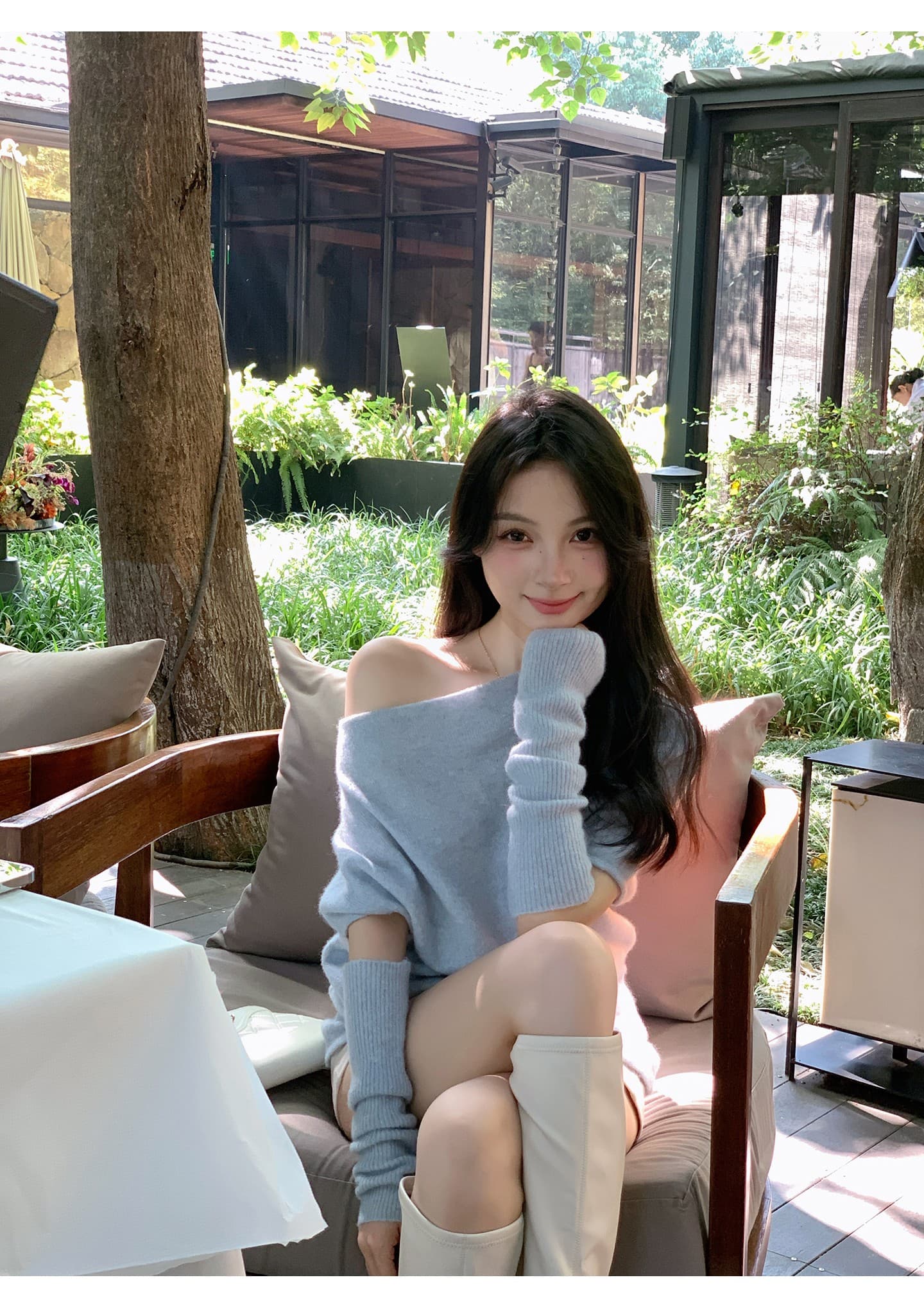 마 하이 양모 혼합 오프숄더 소매 커버 스웨터 여자 가을 겨울 느긋한 고급 센스 비스듬한 어깨 의류 인사이드 가져 가라. 상세 이미지 4