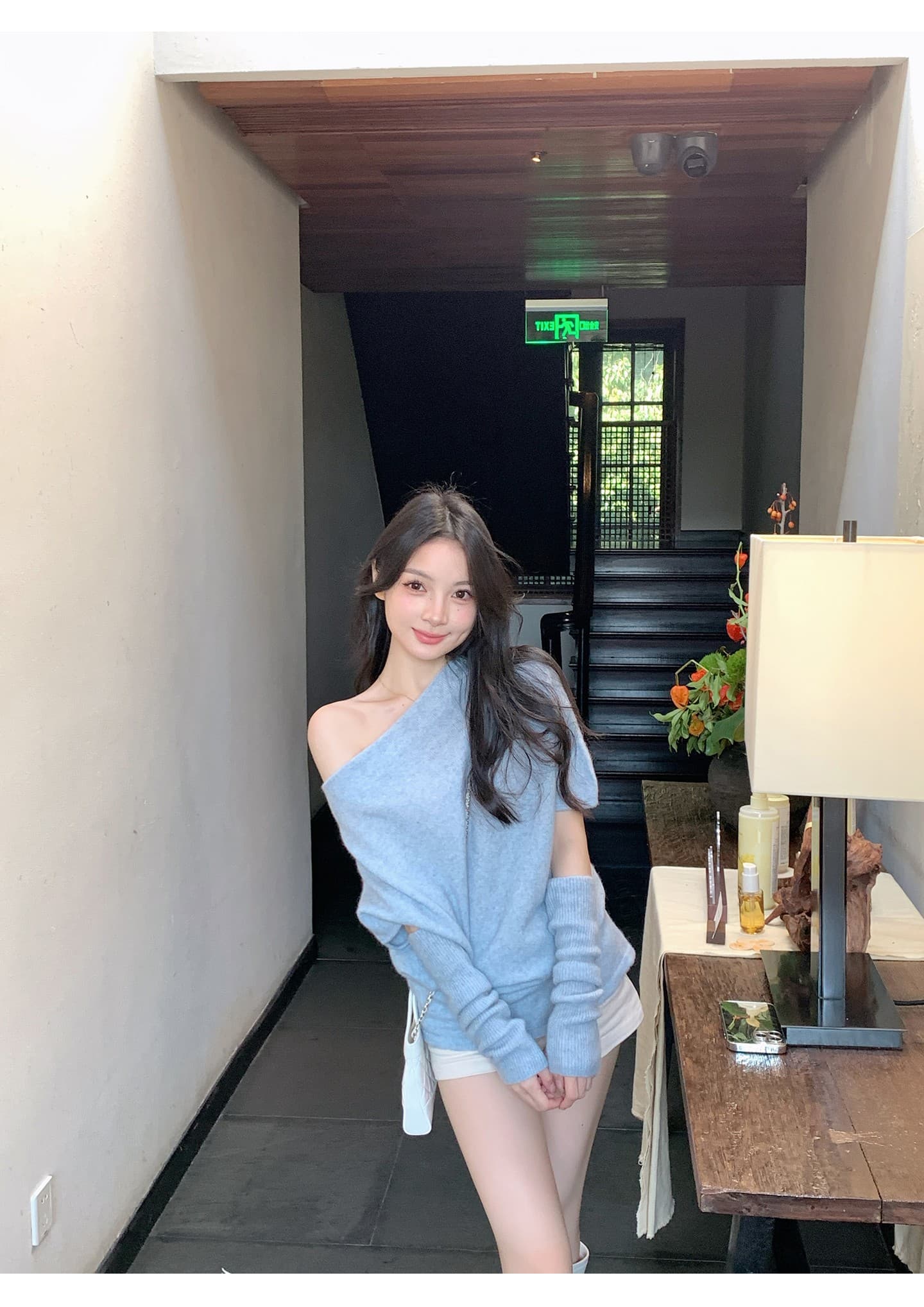 마 하이 양모 혼합 오프숄더 소매 커버 스웨터 여자 가을 겨울 느긋한 고급 센스 비스듬한 어깨 의류 인사이드 가져 가라. 상세 이미지 5