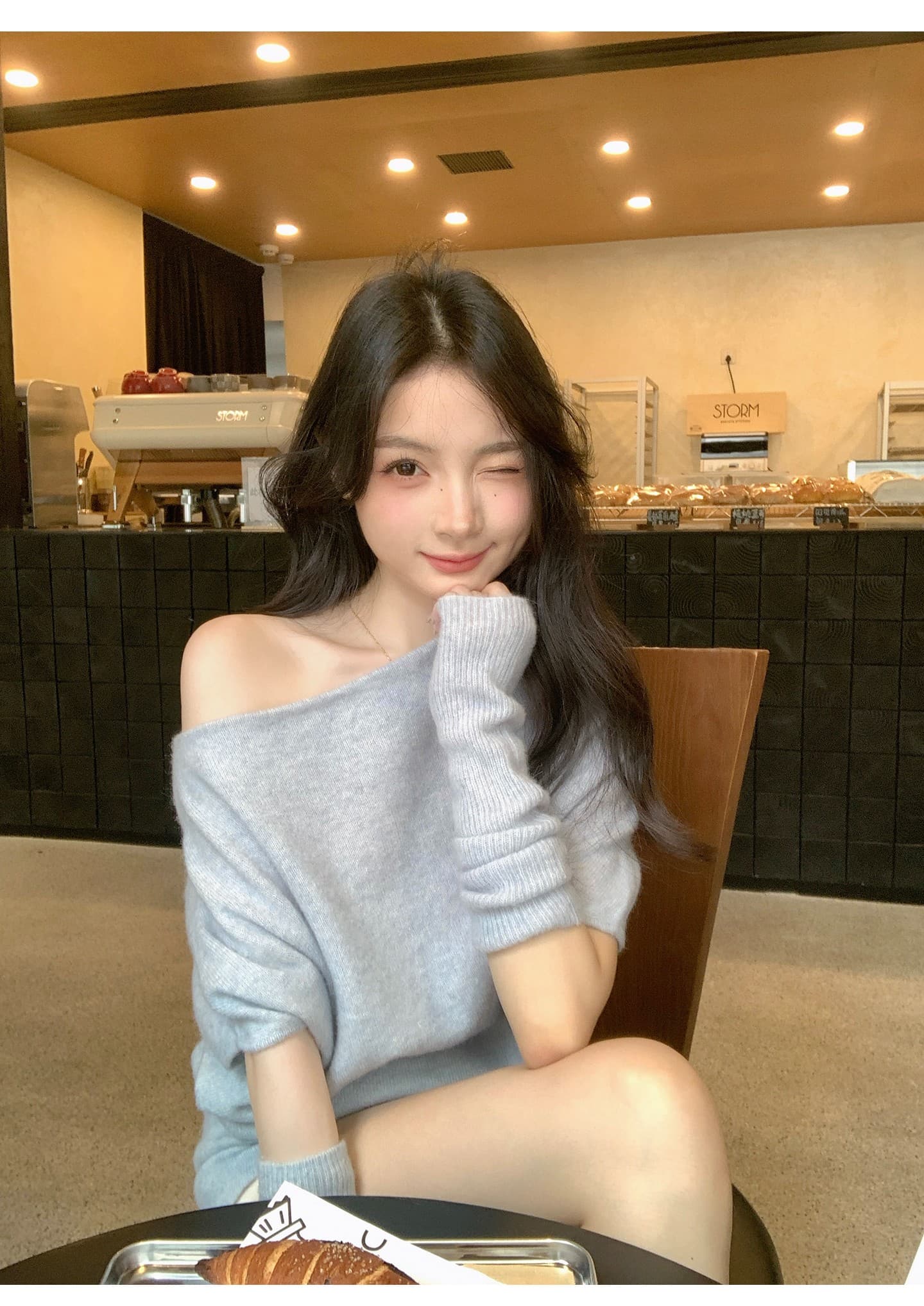 마 하이 양모 혼합 오프숄더 소매 커버 스웨터 여자 가을 겨울 느긋한 고급 센스 비스듬한 어깨 의류 인사이드 가져 가라. 상세 이미지 10