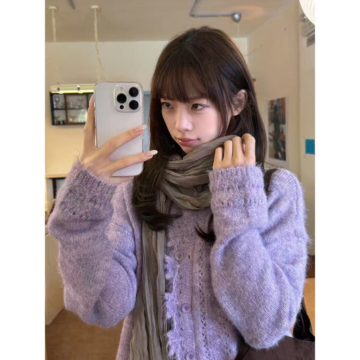 우유 토끼 행성 직접 만든 플리스 홀로우 아웃 펌프 로프 방랑 스웨터 오픈 가디건 여성 코트 루즈핏 느긋한 니트 맨위 상세 이미지 1
