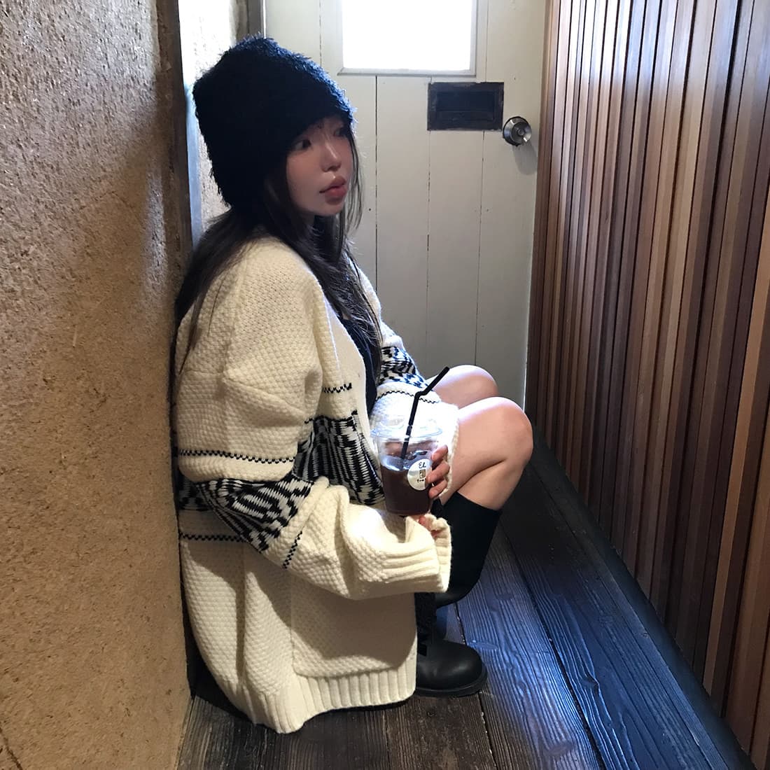 한국 chic 느긋한 루즈핏 레트로 자카드 스웨터 코트 보온 긴팔 니트 오픈 가디건 여성 상세 이미지 27