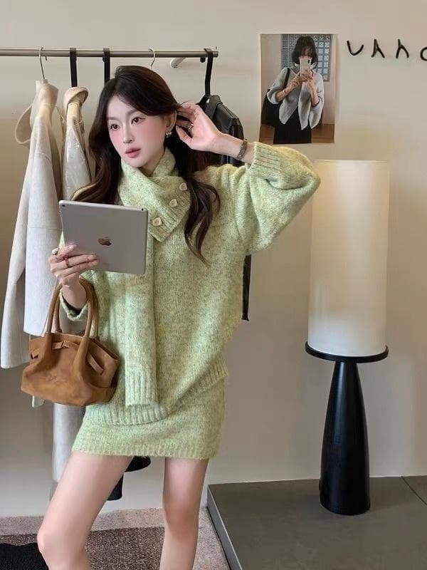 느긋한 바람 루즈핏 슬림해 보이는 스웨터 하이웨이스트 캐주얼 니트 반신 치마 세트 상세 이미지 7