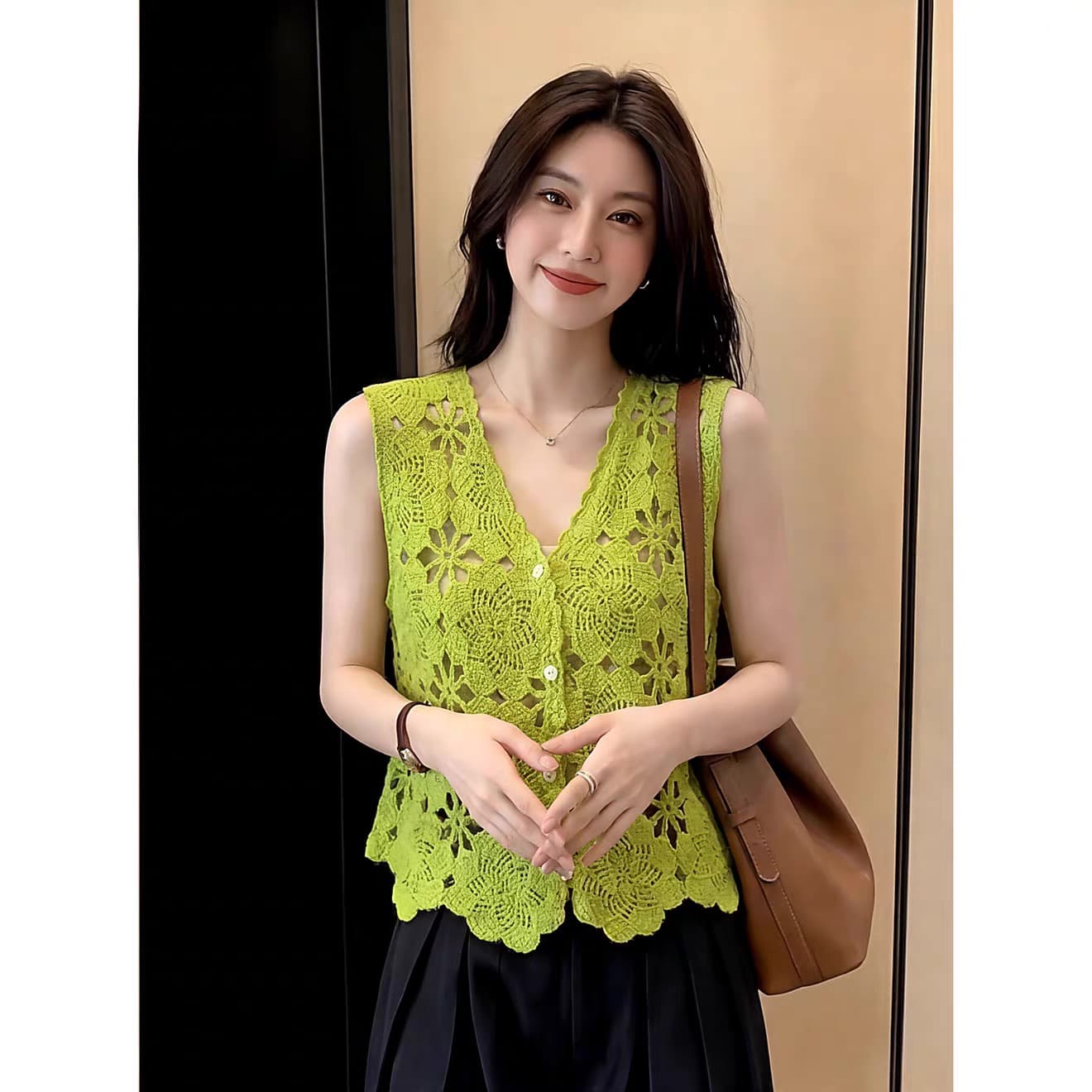 녹색 홀로우 아웃 자수 니트 오픈 가디건 조끼 여성 여름 디자인 센스 작은 대중 스택 착용 V넥 조끼 민소매 맨위 상세 이미지 3