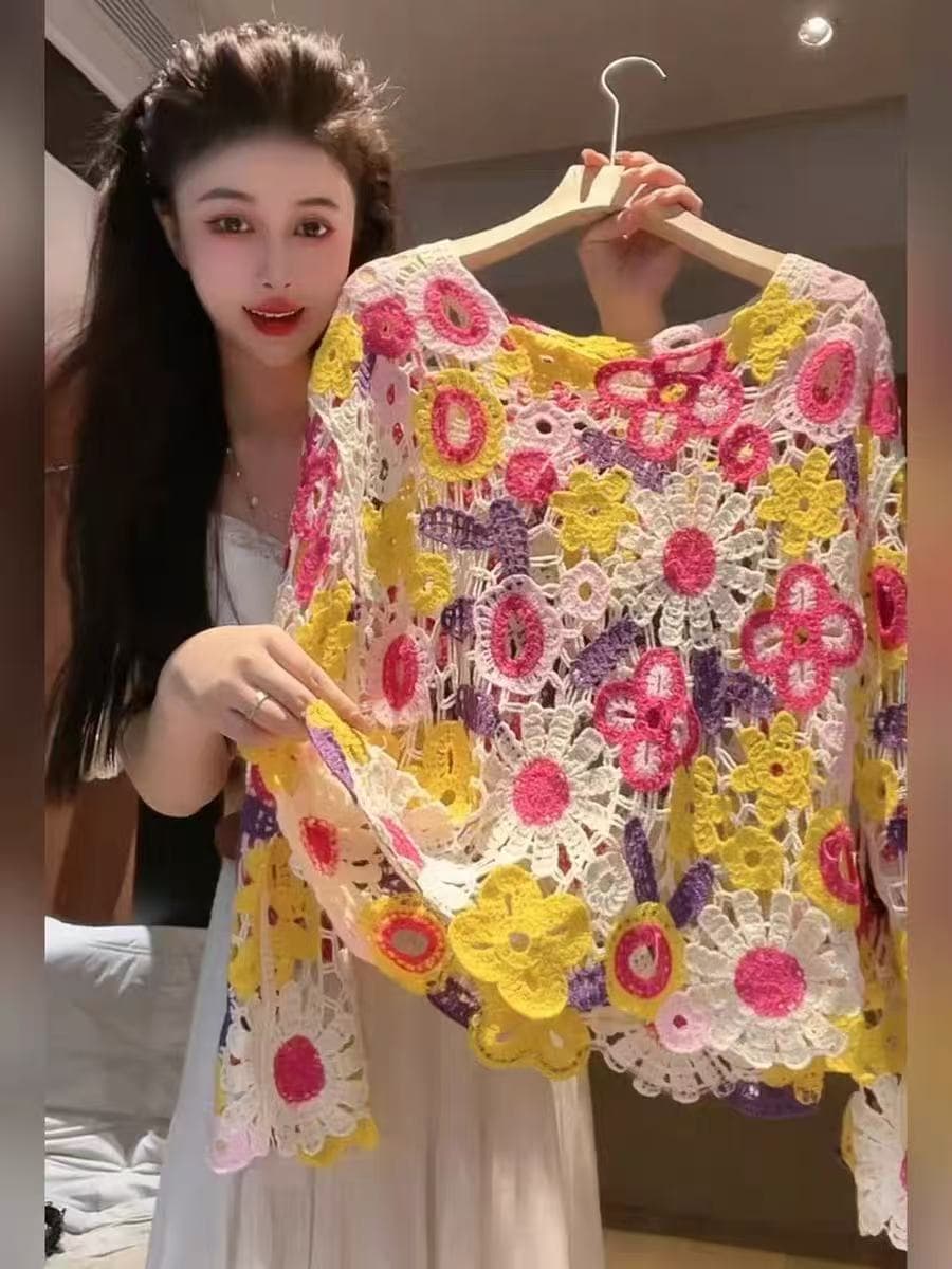 유럽 상품 무거운 작업 홀로우 아웃 자수 배색 긴팔 니트 스웨터 여성 봄 여름 새로운 작은 대중 디자인 센스 외국 가스 맨위 얇은 이미지 3