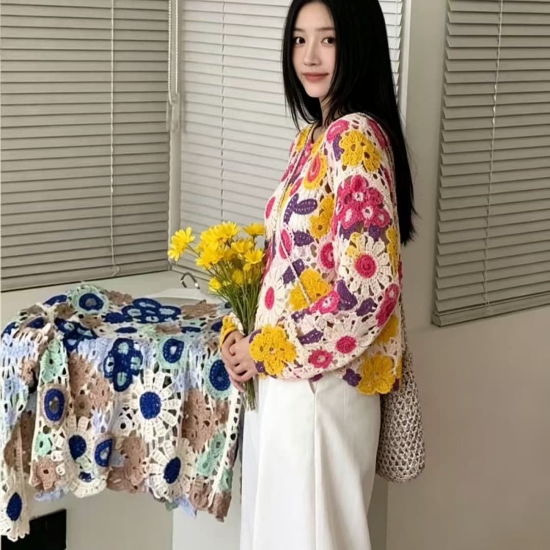 유럽 상품 무거운 작업 홀로우 아웃 자수 배색 긴팔 니트 스웨터 여성 봄 여름 새로운 작은 대중 디자인 센스 외국 가스 맨위 얇은 이미지 5