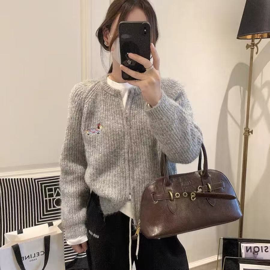 디자인 센스 소시지 강아지 자수 니트 오픈 가디건 여성 봄 가을 외국 가스 Chic 보온 인사이드 가져 가라. 라운드 넥 지퍼 맨위 이미지 4