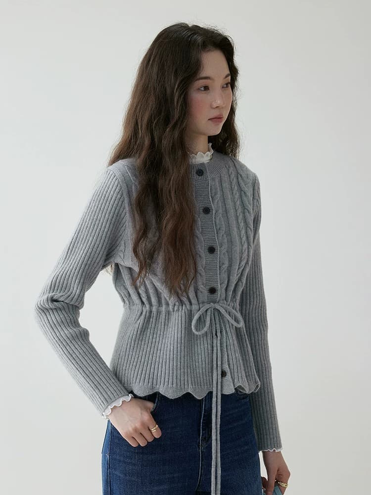 허리 수축 펌프 로프 트위스트 꽃 스웨터 오픈 가디건 여성 겨울 새로운 라운드 넥 슬림해 보이는 연령 감소 맨위 상세 이미지 4