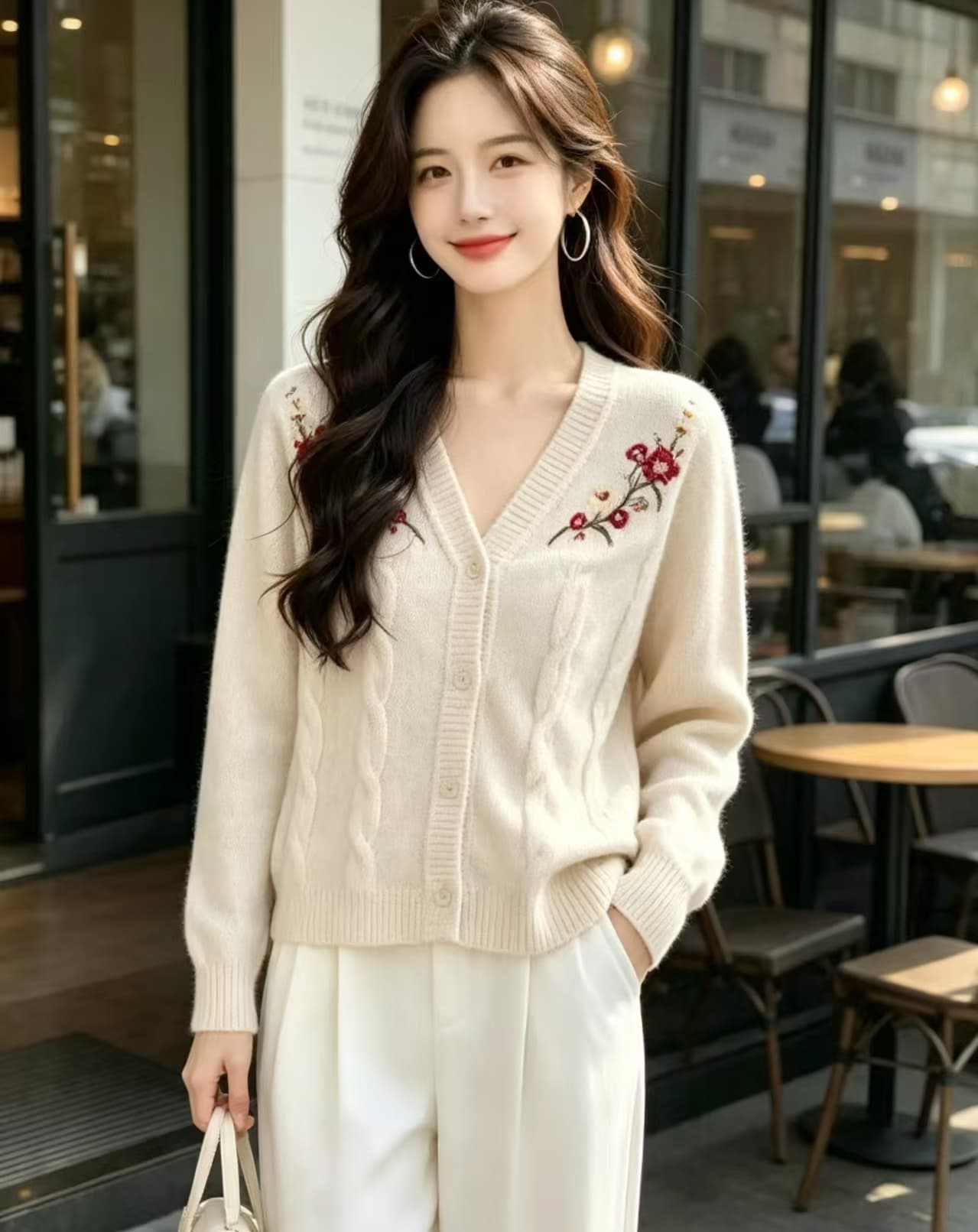 한국 스타일 숙녀 바람 자수 꽃 V넥 반팔 니트 오픈 가디건 여성 여름 새로운 단추 연령 감소 외국 가스 맨위 상세 이미지 3