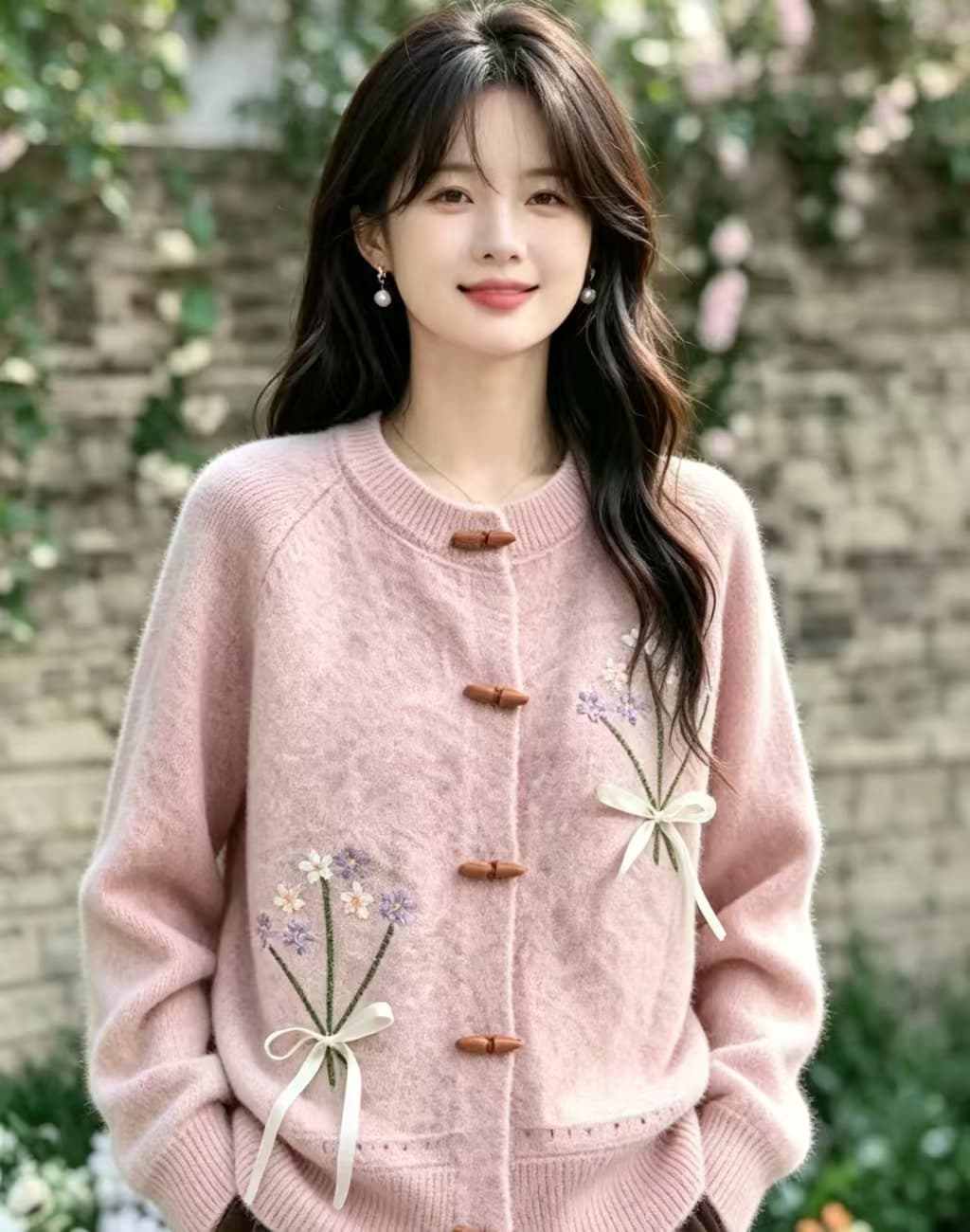 자수 꽃 나비 매듭 스웨터 오픈 가디건 여성 봄 가을 부드러운 찹쌀 느긋한 바람 루즈핏 디자인 달콤함 니트 재킷 이미지 4