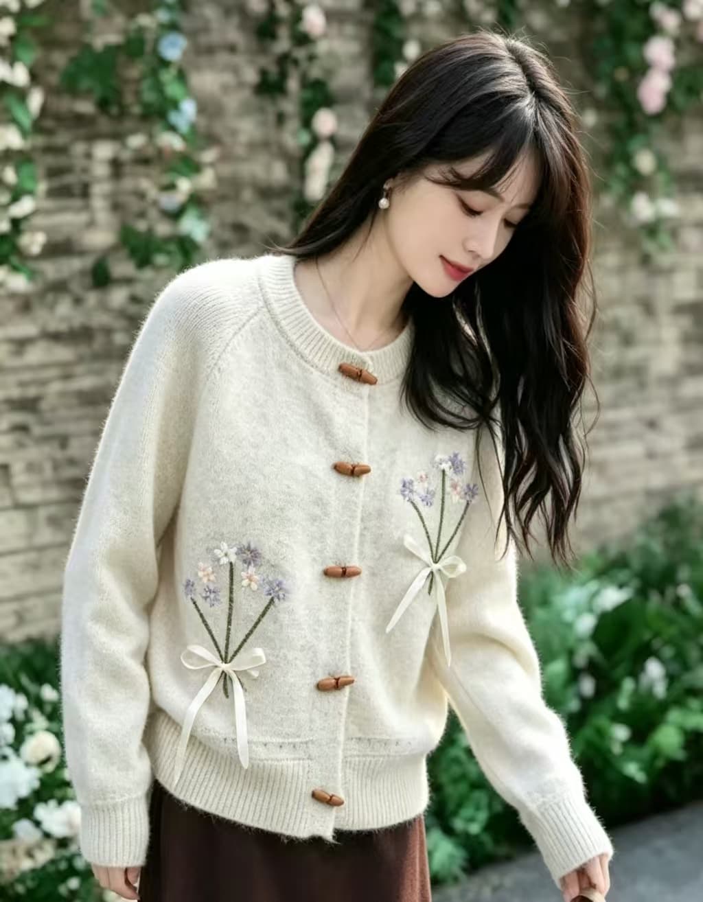자수 꽃 나비 매듭 스웨터 오픈 가디건 여성 봄 가을 부드러운 찹쌀 느긋한 바람 루즈핏 디자인 달콤함 니트 재킷 상세 이미지 3