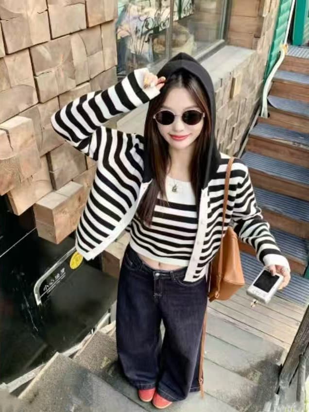 가을 겨울 한 부서 빨간색 스트라이프 니트 오픈 가디건 여성 가을 겨울 후드 스웨터 몸매 가꾸기 인사이드 가져 가라. 조끼 맨위 세트 상세 이미지 7