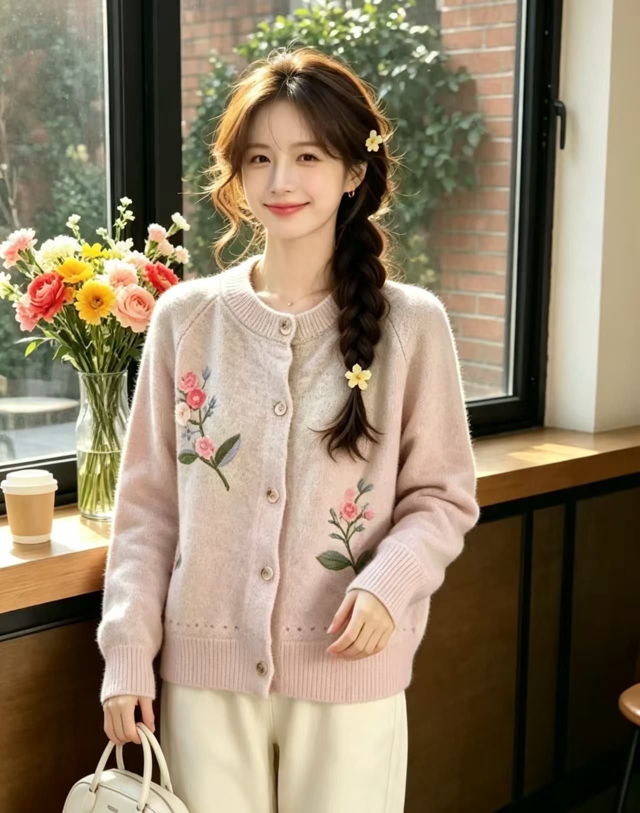 새로운 약화 된 양모 라운드 넥 니트 오픈 가디건 자수 루즈핏 품격 다용도 맨위 이미지 2