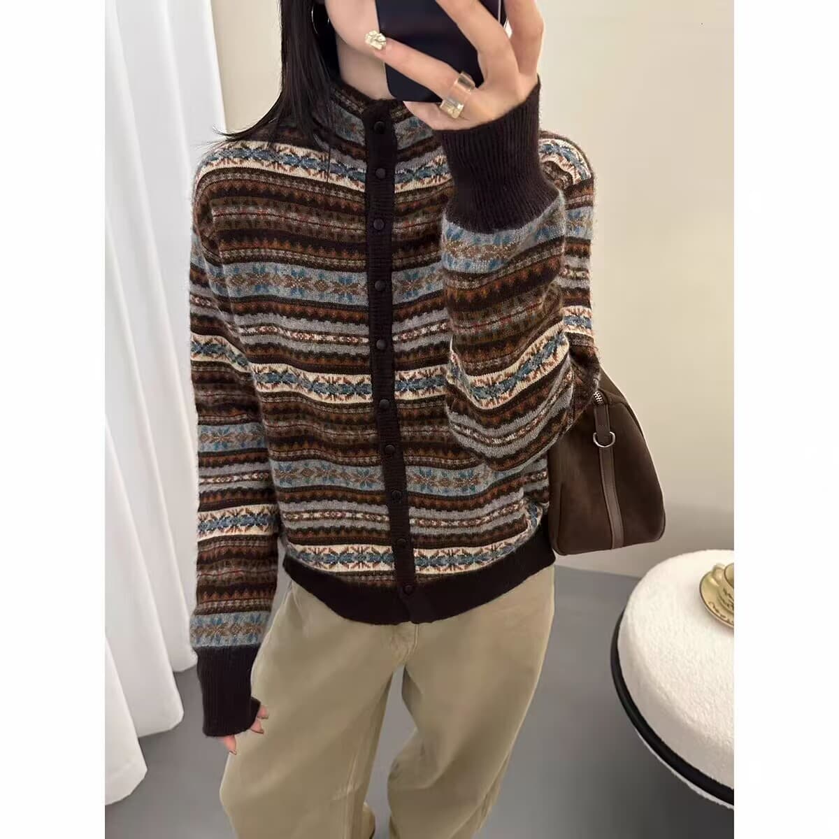 공정한 섬 바람 반하이넥 두꺼운 루즈핏 오픈 가디건 스웨터 여자 겨울 레트로 자카드 연령 감소 보온 니트 맨위 이미지 2