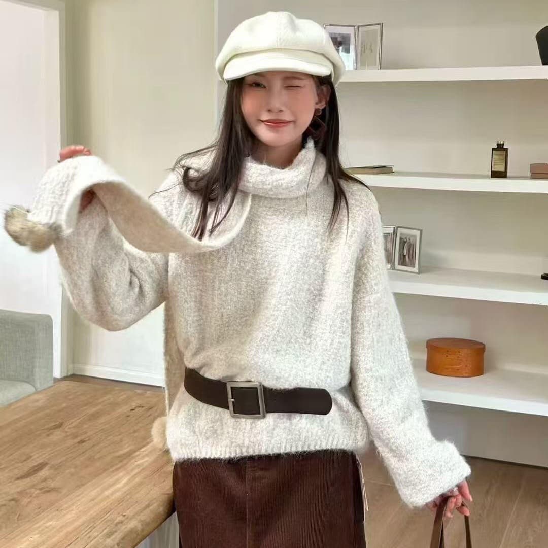 프랑스식 느긋한 센스 루즈핏 크리스마스 니트 스웨터 경기 털 공 스카프 니트 스웨터 경기 스카프 이미지 5