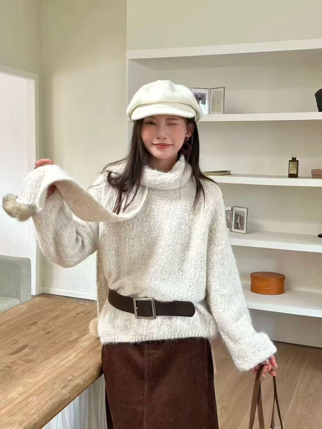 프랑스식 느긋한 센스 루즈핏 크리스마스 니트 스웨터 경기 털 공 스카프 니트 스웨터 경기 스카프 상세 이미지 4