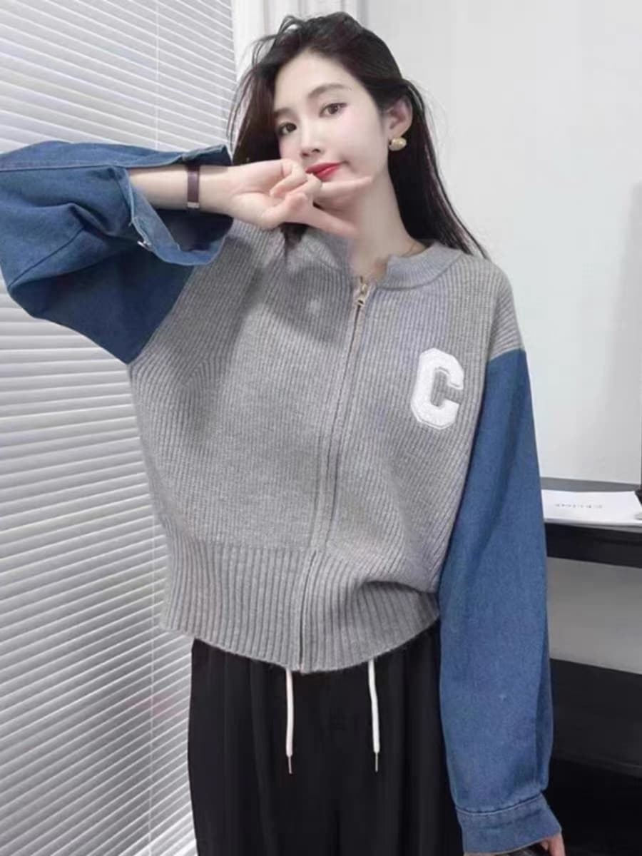 한 부서 패치워크 니트 오픈 가디건 스웨터 여자 가을 겨울철 디자인 센스 ins 지퍼 배색 데님 소매 재킷 상세 이미지 4