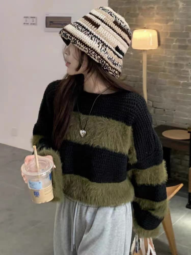 느긋한 바람 부드러운 찹쌀 배색 긴팔 마 하이 스웨터 여자 2026 년 가을 겨울 새로운 루즈핏 라운드 넥 니트 스웨터 맨위 이미지 2