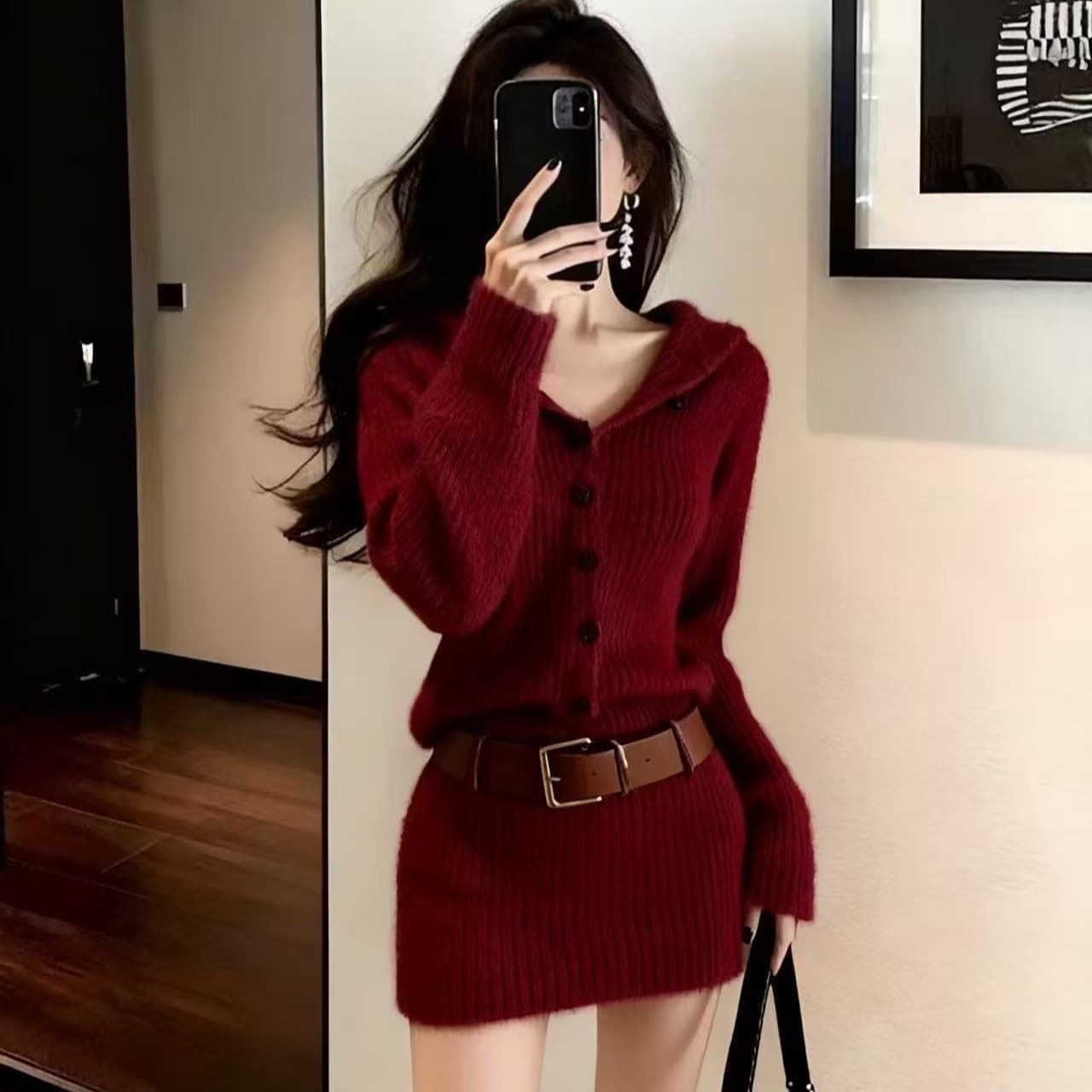 회색 폴로 칼라 스웨터 니트 드레스 아이들 가을 겨울 2026 새로운 작은 키 섹시함 몸매 가꾸기 타이트 스커트 미니 스커트 이미지 5