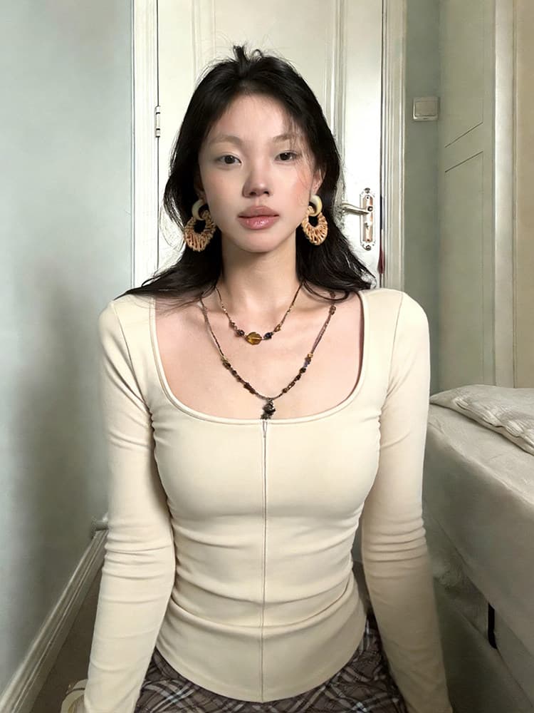 사람들 면 260 그램 u 칼라 문 襟 숨겨진 당겨서 몸매 가꾸기 긴팔 티셔츠 여성 이른 봄 핫걸 바람 인사이드 가져 가라. 긍정적 인 어깨 만나는 맨위 상세 이미지 12