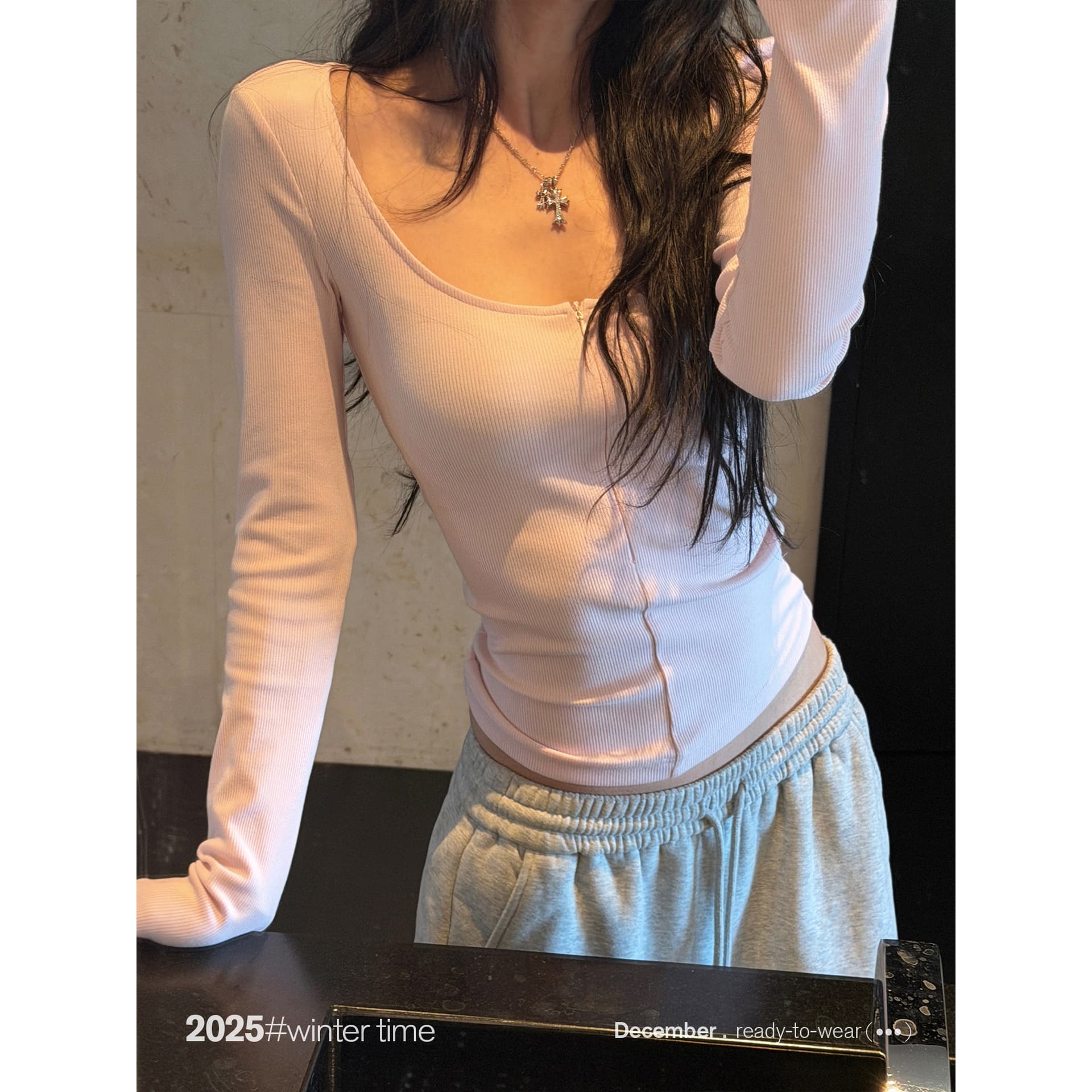 사람들 면 260 그램 u 칼라 문 襟 숨겨진 당겨서 몸매 가꾸기 긴팔 티셔츠 여성 이른 봄 핫걸 바람 인사이드 가져 가라. 긍정적 인 어깨 만나는 맨위 상세 이미지 15