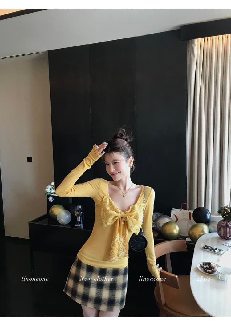 linoneone 캐치 부서 낭만주의 커브 plus 순수한 욕망 대 u 칼라 철자 레이스 나비 매듭 긴팔 티셔츠 상세 이미지 8