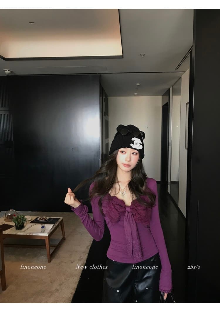 linoneone 캐치 부서 낭만주의 커브 plus 순수한 욕망 대 u 칼라 철자 레이스 나비 매듭 긴팔 티셔츠 상세 이미지 12