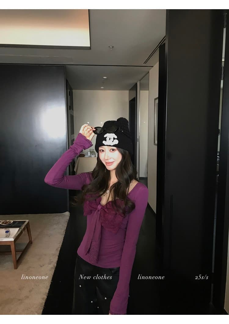 linoneone 캐치 부서 낭만주의 커브 plus 순수한 욕망 대 u 칼라 철자 레이스 나비 매듭 긴팔 티셔츠 상세 이미지 13