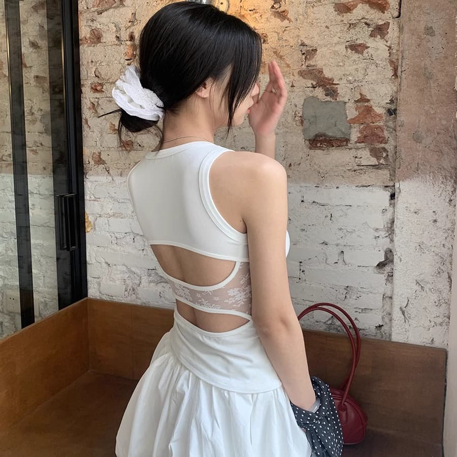 뒤로 홀로우 아웃 조끼 디자인 센스 핫걸 패치워크 레이스 민소매 맨위 여성 한 부서 니트 티셔츠 이미지 2