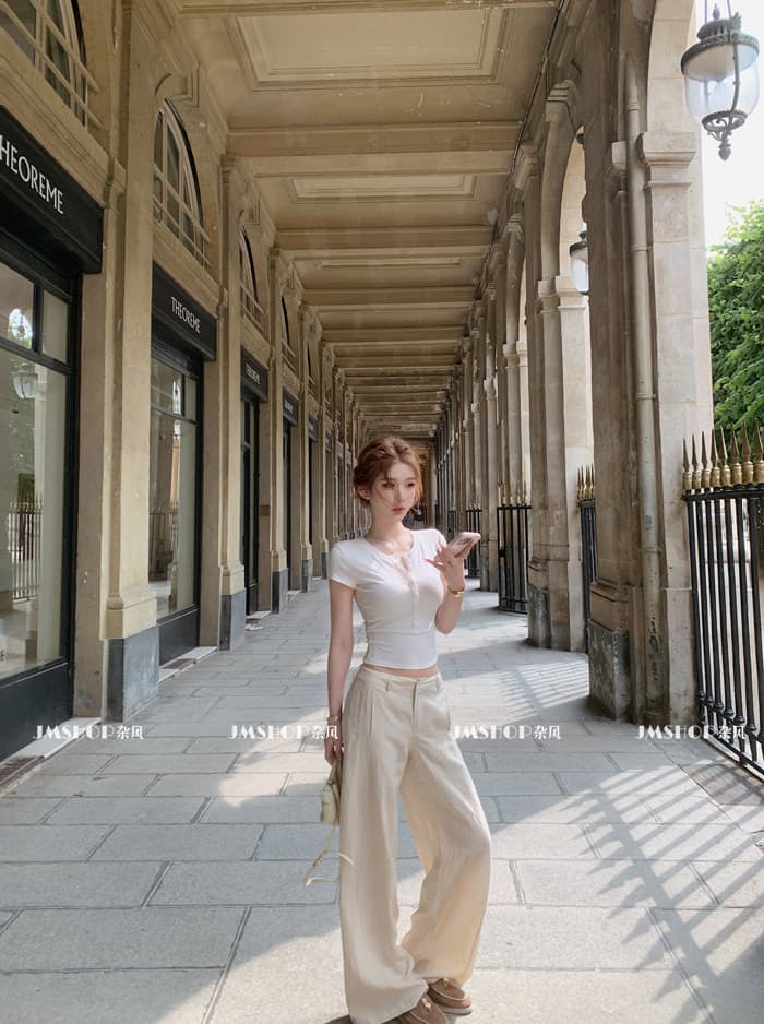 jmshop 마술 Litian 접시 t 헨리 반팔 여성 여름 몸매 가꾸기 슬림해 보이는 신축성 티셔츠 다용도 맨위 상세 이미지 6