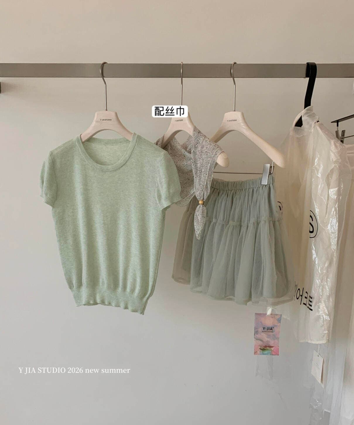 봄 여름 섹션 부드러운 니트 맨위 한 마디 반신 스커트 세트 조립 스카프 상세 이미지 6
