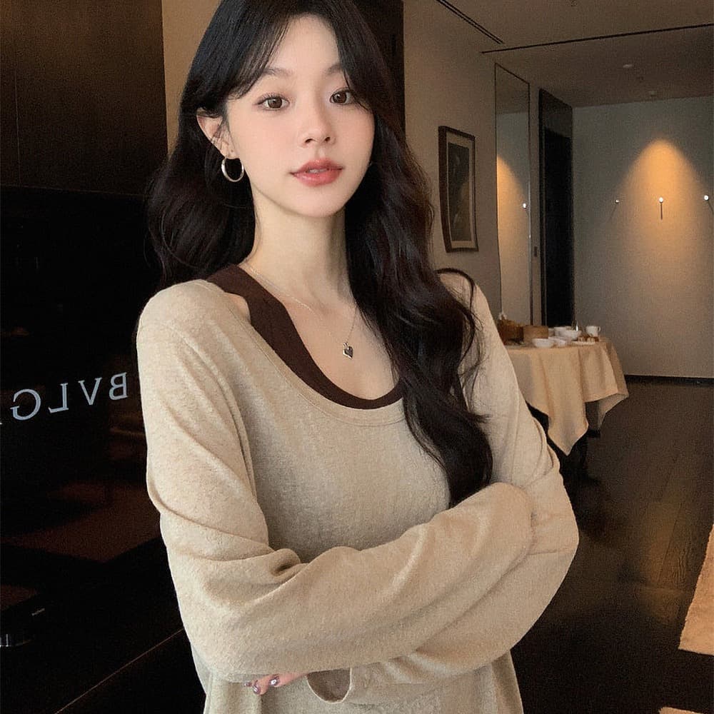 장 베이 베이 ibell 라이 경기 서울 주간 실크 양모 레트로 느슨함 센스 얇고 가벼운 통기성 스택 착용 배색 투피스 세트 이미지 2